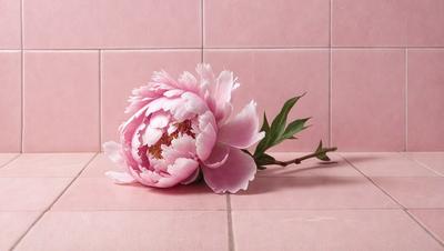 The primary subject of the image is a pink flower, which is the main focus of the scene. The flower is placed on a pink tile surface, creating a visually appealing contrast between the flower and the background. The visual style of the image is a close-up of the flower, showcasing its details and beauty. The colors and mood of the image are predominantly pink, giving it a warm and inviting atmosphere.