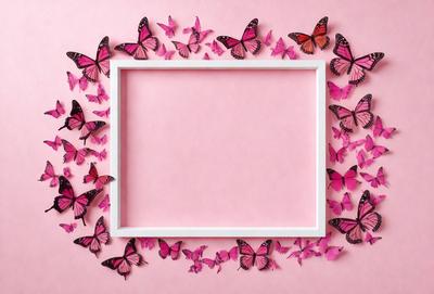 The primary subject of the image is a pink frame with a white background. The frame is adorned with a variety of butterflies, creating a visually appealing and colorful scene. The butterflies are scattered throughout the frame, with some positioned closer to the viewer and others further away. The overall atmosphere of the image is cheerful and vibrant, with the butterflies adding a touch of natural beauty to the scene.