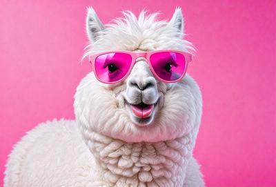 The primary subject of the image is a white and pink lamb wearing pink sunglasses. The lamb is sitting on a pink background, which adds a vibrant and playful touch to the scene. The visual style of the image is a photo, capturing the lamb's unique appearance and the pink sunglasses. The colors and mood of the image are predominantly pink and lighthearted, creating a fun and whimsical atmosphere.