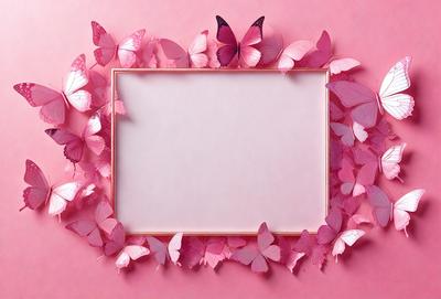 The primary subject of the image is a pink frame with a white background. The frame is adorned with a variety of pink butterflies, creating a visually appealing and whimsical scene. The setting appears to be a pink background, which complements the pink butterflies and the overall mood of the image. The visual style of the image is a combination of photo and digital art, as it features a realistic representation of the butterflies and the frame. The colors and m