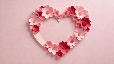 The primary subject of the image is a heart-shaped paper cutout, which is decorated with pink flowers. The heart is placed on a pink background, giving it a warm and romantic appearance. The visual style of the image is a combination of digital art and illustration, as the heart is made from paper cutouts and arranged in a visually appealing manner. The colors and mood of the image are predominantly pink, which adds a sense of love and affection to the scene.