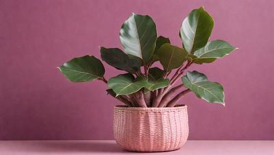 The primary subject of the image is a pink woven basket filled with a plant. The plant is a large leafy green plant, possibly a fern, and it is placed in the center of the basket. The setting is a purple wall, which serves as the backdrop for the plant and the basket. The visual style of the image is a close-up of the plant and the basket, showcasing the details of the plant and the woven basket. The colors and mood of the image are predominantly pur
