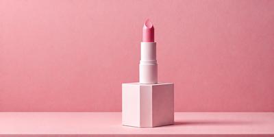 The primary subject of the image is a pink lipstick tube, which is prominently displayed on a pink background. The lipstick tube is placed on a pink square, which adds to the overall pink theme of the scene. The visual style of the image is a close-up of the lipstick tube, emphasizing its color and shape. The colors and mood of the image are predominantly pink, creating a warm and inviting atmosphere.