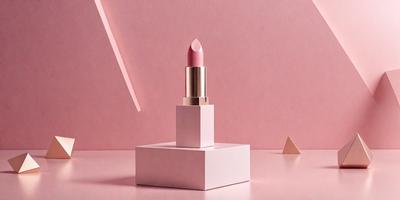 The primary subject of the image is a pink lipstick tube, which is placed on a pink surface. The setting appears to be a pink background, which adds to the overall mood of the image. The visual style of the image is a close-up of the lipstick tube, showcasing its design and color. The dominant colors in the image are pink, which is both the background and the lipstick tube, creating a warm and inviting atmosphere.