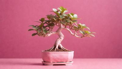 The primary subject of the image is a small potted bonsai tree. The tree is placed in a pink bowl, which is sitting on a pink surface. The setting appears to be indoors, with a pink wall in the background. The visual style of the image is a close-up of the bonsai tree, showcasing its delicate branches and leaves. The colors in the image are predominantly pink, creating a warm and inviting atmosphere.