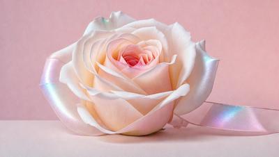 The primary subject of the image is a single white rose. The rose is placed on a pink background, which adds a contrasting color to the scene. The visual style of the image is a close-up of the rose, showcasing its details and texture. The colors and mood of the image are predominantly pink and white, creating a delicate and elegant atmosphere.