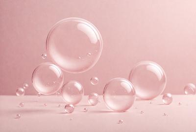The primary subject of the image is a group of bubbles floating on a pink surface. The setting is a pink background, which adds a warm and inviting atmosphere to the scene. The visual style is a combination of photo and digital art, creating a realistic yet artistic representation of the bubbles. The colors and mood of the image are predominantly pink, giving it a soft and gentle appearance.