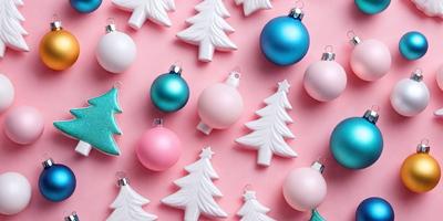 The primary subject of the image is a collection of Christmas ornaments, including white and blue balls, placed on a pink background. The ornaments are arranged in various positions, creating a visually appealing and festive display. The setting is a pink surface, which adds a warm and cozy atmosphere to the scene. The visual style of the image is a combination of photo and digital art, as it captures the details of the ornaments and their arrangement. The colors and mood of the image are predominantly warm and
