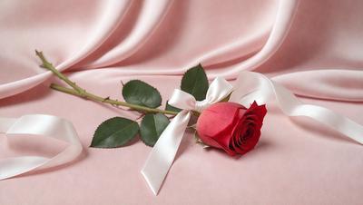 The primary subject of the image is a single red rose with a white bow. The rose is placed on a pink background, which adds a touch of warmth and elegance to the scene. The visual style of the image is a close-up of the rose, highlighting its beauty and the intricate details of the white bow. The colors and mood of the image are predominantly pink and red, creating a sense of love and affection.