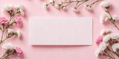 The primary subject of the image is a blank card with a pink background. The card is placed on a pink surface, which adds a warm and inviting atmosphere to the scene. The visual style of the image is a photo, capturing the details of the card and the background. The colors and mood of the image are predominantly pink, creating a sense of warmth and love.