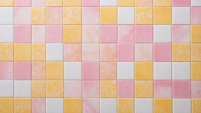 The primary subject of the image is a wall with a pattern of pink and yellow tiles. The setting is a room with a tiled wall, and the visual style is a close-up of the tiles. The dominant colors are pink and yellow, creating a warm and inviting atmosphere.