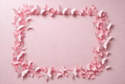 The primary subject of the image is a pink frame with a border of pink butterflies. The setting is a pink background, and the visual style is a combination of photo and digital art. The dominant colors are pink and white, creating a warm and inviting atmosphere.
