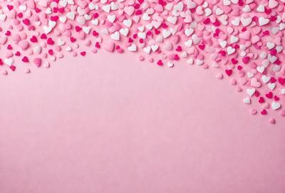 The primary subject of the image is a pink background with a pattern of hearts. The hearts are scattered across the background, creating a visually appealing and heartwarming scene. The setting appears to be a pink wall or a similar surface, which complements the hearts' pattern. The visual style of the image is a combination of digital art and illustration, as the hearts are arranged in a creative and artistic manner. The colors and mood of the image are predominantly pink, which evokes feelings of