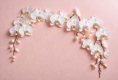The primary subject of the image is a beautiful arrangement of white orchids. The orchids are placed on a pink background, creating a visually appealing contrast. The setting appears to be a still life, showcasing the orchids in a close-up view. The visual style of the image is a combination of photo and digital art, as it captures the intricate details of the orchids while maintaining a clean and artistic appearance. The colors and mood of the image are predominantly pink and white,