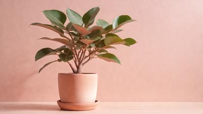 The primary subject of the image is a small potted plant with green leaves. The plant is placed on a wooden table, which serves as the setting for the scene. The visual style of the image is a photo, capturing the plant in its natural environment. The dominant colors in the image are green, brown, and pink, creating a warm and natural atmosphere.