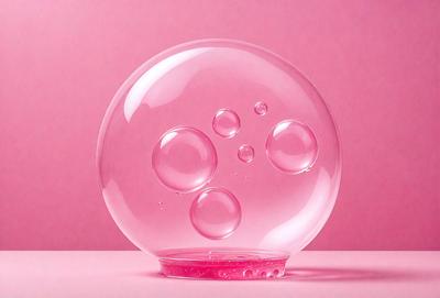 The primary subject of the image is a large, pink glass ball with bubbles inside. The setting is a pink background, which adds to the overall atmosphere of the image. The visual style is a close-up of the glass ball, showcasing its unique texture and design. The colors and mood of the image are predominantly pink, creating a warm and inviting atmosphere.