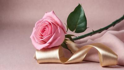 The primary subject of the image is a single pink rose. The rose is placed on a gold ribbon, which is resting on a pink surface. The setting appears to be a close-up of the rose and the ribbon, with a focus on the delicate details of the flower. The visual style of the image is a combination of realism and artistic elements, creating a harmonious and visually appealing composition. The dominant colors in the image are pink and gold, which evoke a sense of warm