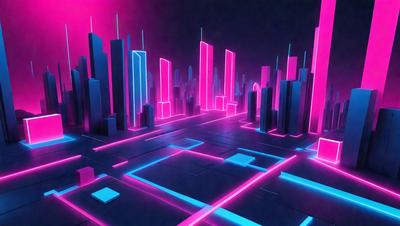 The primary subject of the image is a futuristic cityscape with tall buildings and neon lights. The setting is a dark, pink-lit environment, creating a unique and vibrant atmosphere. The visual style is a digital art or illustration, with the buildings and lights being rendered in a colorful and eye-catching manner. The colors and mood of the image are predominantly pink and blue, giving it a distinctive and captivating appearance.