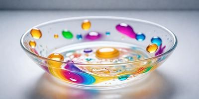 The primary subject of the image is a glass bowl filled with colored water, which appears to be a mix of oil and water. The bowl is placed on a table, and the colors and mood of the scene are vibrant and lively. The setting is a laboratory, and the visual style is a combination of photo and digital art.