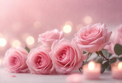 The primary subject of the image is a bouquet of pink roses. The setting is a pink background, which creates a warm and romantic atmosphere. The visual style is a photo, capturing the beauty of the roses in their natural environment. The colors and mood of the image are predominantly pink, evoking feelings of love and affection.