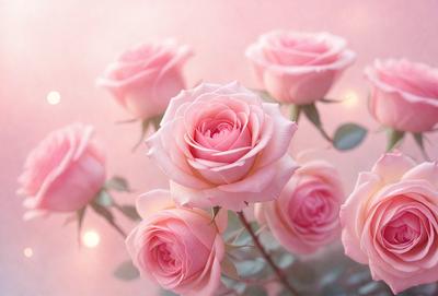 The primary subject of the image is a bouquet of pink roses. The setting is a pink background, which adds a soft and delicate touch to the scene. The visual style is a close-up of the roses, showcasing their beauty and details. The colors and mood of the image are predominantly pink, creating a warm and romantic atmosphere.