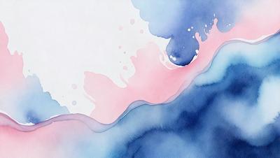 The primary subject of the image is a painting of a wave. The setting is a blue ocean, and the visual style is a watercolor painting. The dominant colors are blue and pink, creating a serene and calming atmosphere.