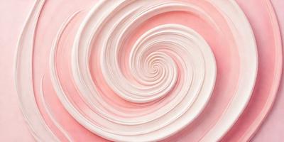 The primary subject of the image is a swirl of pink and white frosting, which appears to be a creamy, smooth, and visually appealing dessert. The setting is a pink background, which adds a vibrant and warm tone to the scene. The visual style of the image is a close-up of the frosting, showcasing its texture and details. The colors and mood of the image are predominantly pink and white, creating a sense of freshness and indulgence.