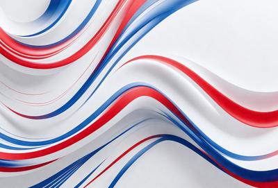 The primary subject of the image is a large, colorful, and swirling pattern that resembles a wave or a flowing river. The pattern is composed of red, white, and blue colors, creating a vibrant and dynamic visual effect. The setting is a white wall, which serves as a clean and uncluttered background for the pattern. The visual style of the image is a combination of digital art and illustration, showcasing the intricate details and fluid motion of the swirling pattern. The colors