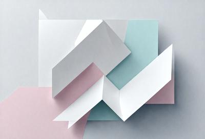 The primary subject of the image is a white paper with a blue and pink border. The paper is folded into a square shape, creating a visually appealing design. The setting is a white background, which provides a clean and minimalist appearance. The visual style is a combination of digital art and illustration, as the paper is carefully crafted and the colors are vibrant and well-defined. The dominant colors are white, blue, and pink, creating a sense of harmony and balance in the composition.
