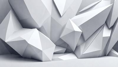 The primary subject of the image is a large white wall with a pattern of white triangles. The setting is a white room, and the visual style appears to be a digital art or illustration. The dominant colors are white, and the overall atmosphere is clean and minimalistic.