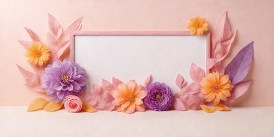 The primary subject of the image is a pink and white picture frame with a variety of flowers and leaves adorning it. The flowers are arranged in a visually appealing manner, creating a sense of beauty and elegance. The setting is a pink background, which complements the colors of the flowers and picture frame. The visual style of the image is a combination of digital art and illustration, showcasing the intricate details of the flowers and leaves. The colors and mood of the image are predominantly pink
