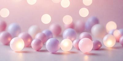 The primary subject of the image is a group of pink and white balls, which are arranged in a visually appealing manner. The setting is a white background, which provides a clean and minimalist look. The visual style is a combination of photo and digital art, creating a unique and eye-catching display. The colors and mood of the image are predominantly pink and white, giving it a warm and inviting atmosphere.
