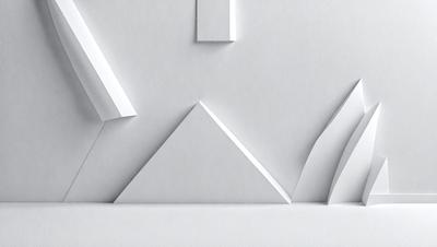 The primary subject of the image is a white paper cutout of a mountain. The setting is a white background, which provides a clean and minimalist appearance. The visual style is a combination of digital art and illustration, as the paper cutout is created using a computer-aided design (CAD) software. The colors and mood of the image are predominantly white, giving it a clean and serene atmosphere.