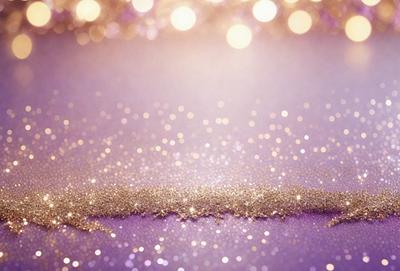 The primary subject of the image is a purple background with a trail of glittering gold stars. The setting is a purple surface, and the visual style appears to be a combination of a photo and digital art. The colors and mood of the image are predominantly purple and gold, creating a warm and inviting atmosphere.