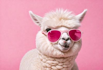 The primary subject of the image is a white sheep with pink sunglasses on. The sheep is sitting on a pink background, which adds a playful and fun atmosphere to the scene. The visual style of the image is a photo, capturing the sheep's unique appearance with the pink sunglasses. The colors and mood of the image are predominantly pink, creating a cheerful and lighthearted mood.