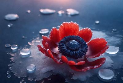 The primary subject of the image is a red flower with a black center, sitting on a surface that appears to be a combination of water and ice. The setting is a dark, possibly icy, environment, which adds a sense of mystery and intrigue to the scene. The visual style of the image is a mix of photo and digital art, creating a unique and captivating composition. The dominant colors in the image are red and black, with the red flower standing out against the dark background. The overall atmosphere of the image is one of