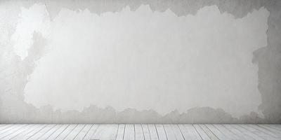 The primary subject of the image is a white wall with a large, empty space on it. The setting is a room with a wooden floor. The visual style is a photo, and the colors and mood are predominantly white, giving the image a clean and minimalist appearance.