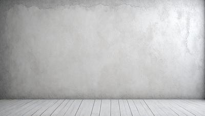The primary subject of the image is a white wall with a large crack in it. The setting is a room with a wooden floor. The visual style is a photo, and the colors and mood are predominantly white, giving the image a clean and minimalist appearance.