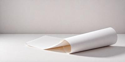 The primary subject of the image is a white sheet of paper. The setting is a white background, which creates a clean and minimalist appearance. The visual style is a photo, capturing the paper in its natural form. The colors and mood are predominantly white, giving the image a calm and serene atmosphere.