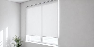 The primary subject of the image is a white window shade, which is covering a window. The setting is a room with a white wall, and the visual style is a photo. The colors and mood of the image are predominantly white, giving it a clean and minimalist appearance.