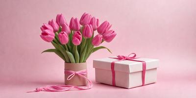 The primary subject of the image is a bouquet of pink tulips. The bouquet is placed in a brown vase, which is sitting on a pink surface. The setting appears to be a studio or a well-lit room, as the lighting is consistent and the background is clean. The visual style of the image is a close-up of the vase and the flowers, showcasing the details of the bouquet and the vase. The colors and mood of the image are predominantly pink