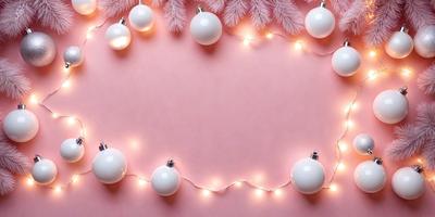 The primary subject of the image is a string of white Christmas lights. The lights are hanging from a pink wall, creating a festive and warm atmosphere. The setting is indoors, likely in a room or a space where the lights can be easily seen and appreciated. The visual style of the image is a close-up of the string of lights, emphasizing their beauty and simplicity. The colors and mood of the image are predominantly pink and warm, evoking feelings of joy and celebration during the holiday