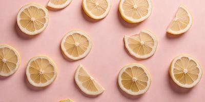 The primary subject of the image is a close-up of a lemon, which is the main object in the scene. The lemon is sliced in half, revealing its interior. The setting is a pink background, which adds a vibrant and warm atmosphere to the image. The visual style is a close-up photo of the lemon, showcasing its details and texture. The colors and mood of the image are predominantly pink, which creates a sense of freshness and natural beauty.