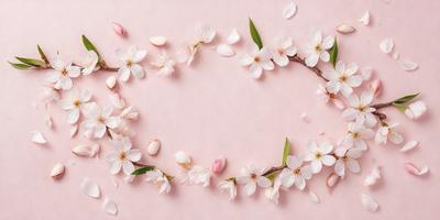 The primary subject of the image is a beautiful white flower arrangement. The flowers are arranged in a circular pattern, creating a visually appealing and harmonious display. The setting is a pink background, which adds a touch of warmth and elegance to the scene. The visual style of the image is a close-up of the flower arrangement, allowing the viewer to appreciate the details and beauty of the flowers. The colors and mood of the image are predominantly white and pink, evoking a sense of freshness