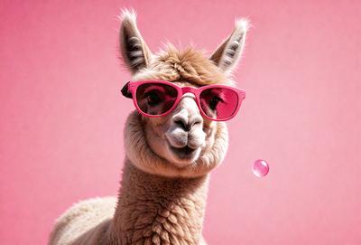 The primary subject of the image is a lamb wearing pink sunglasses. The lamb is standing in front of a pink background, which adds a vibrant and playful touch to the scene. The visual style of the image is a photo, capturing the lamb's unique appearance and the pink sunglasses. The colors and mood of the image are predominantly pink, creating a fun and lighthearted atmosphere.
