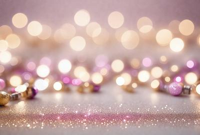 The primary subject of the image is a close-up of a pink and gold glittery background. The setting is a white surface, and the visual style appears to be a combination of a photo and digital art. The dominant colors are pink and gold, creating a warm and festive atmosphere.