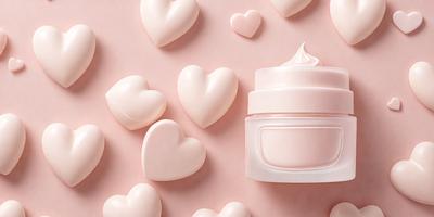 The primary subject of the image is a white jar of cream, which is placed on a pink background. The jar is surrounded by a variety of hearts, which are scattered throughout the scene. The visual style of the image is a combination of photo and digital art, creating a unique and eye-catching presentation. The dominant colors in the image are white and pink, giving the scene a warm and inviting atmosphere.