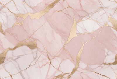The primary subject of the image is a marble wall with a gold-colored design. The setting is a room with a pink background. The visual style is a close-up of the marble wall, showcasing the intricate gold pattern. The colors and mood of the image are predominantly pink, giving it a warm and elegant atmosphere.