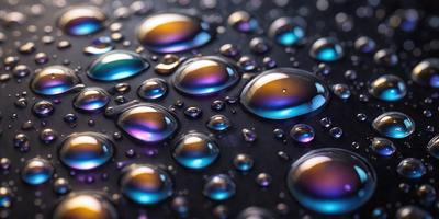 The primary subject of the image is a close-up of a raindrop, showcasing its unique and colorful appearance. The raindrop is surrounded by a black background, which emphasizes its vibrant colors. The visual style of the image is a close-up, focusing on the raindrop's details. The colors and mood of the image are predominantly blue and purple, creating a serene and calming atmosphere.