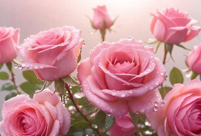 The primary subject of the image is a bouquet of pink roses. The setting is a garden, with the roses placed on a branch. The visual style is a photo, capturing the beauty of the roses in their natural environment. The colors and mood of the image are predominantly pink, creating a sense of warmth and elegance.